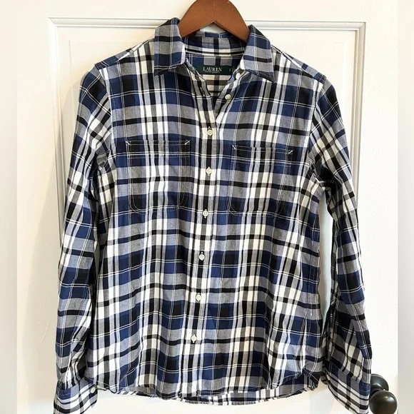 Lauren Ralph Lauren blue and white check plaid flannel button up size SP - Picture 2 of 4